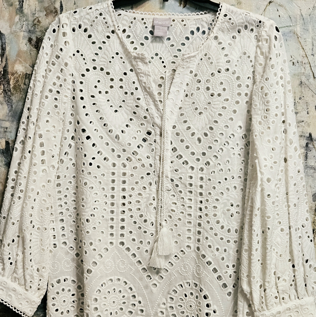 Nwot Chico's White Boho Eyelet Cotton Tunic Blouse With Tassels Sz 0/ Us 4-6